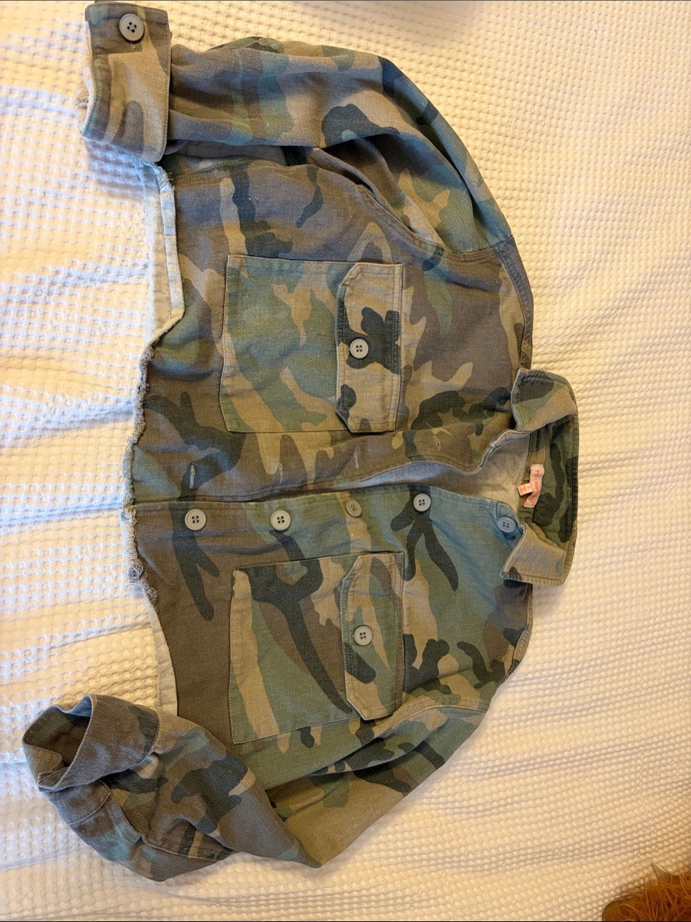 re:named Women's Cropped Camo Button-Up Jean Jacket - Green & Brown